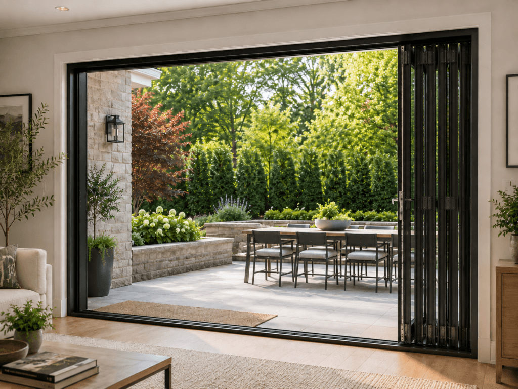 Modern folding bi-fold patio door with multiple black-framed glass panels stacked to the side of a wide residential opening