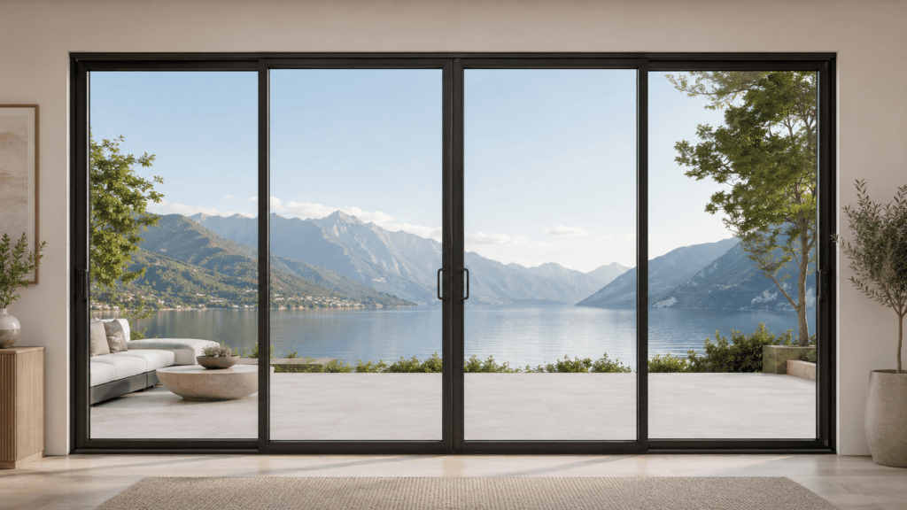 Four-panel sliding glass door system with black frames and multiple panels stacking to one side of a residential patio opening
