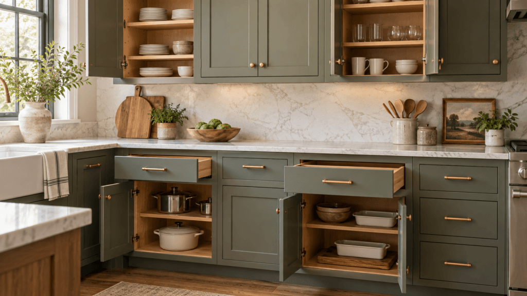 Traditional framed kitchen cabinets with shaker doors, warm olive finish and organized built-in storage