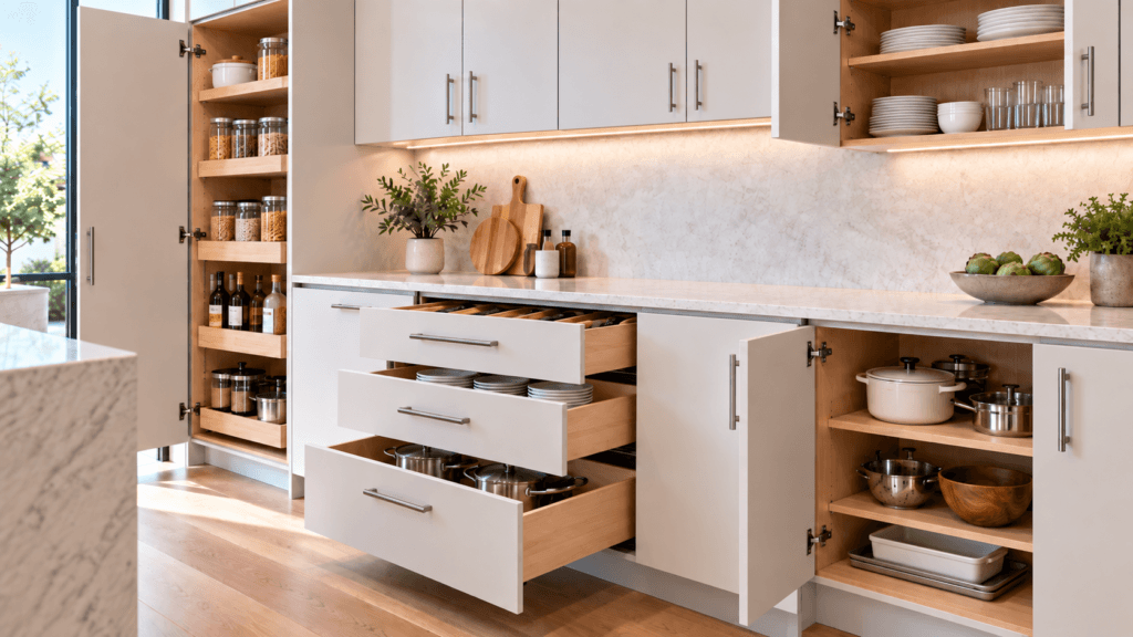 Modern frameless kitchen cabinets with full-access openings, pull-out drawers and organized pantry storage