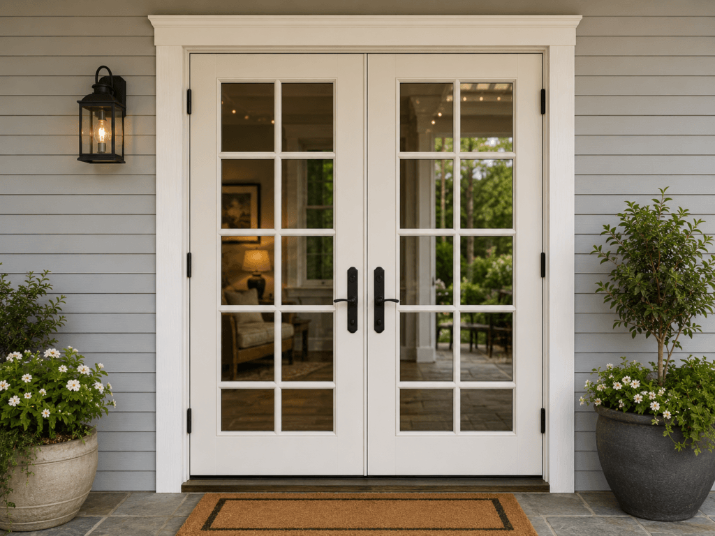 Closed French double doors with divided glass panels, black handles, visible hinges and residential exterior trim