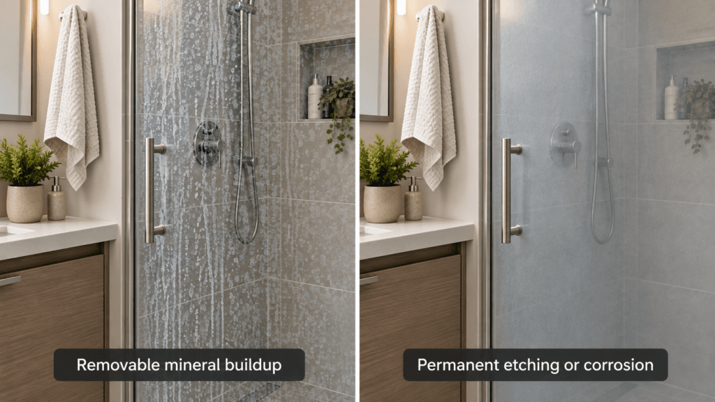 Hard water mineral buildup compared with permanently etched shower glass