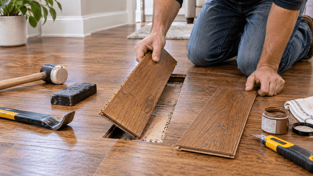 Hardwood floor repair in progress with a damaged board being removed and replaced using flooring tools in a residential interior.