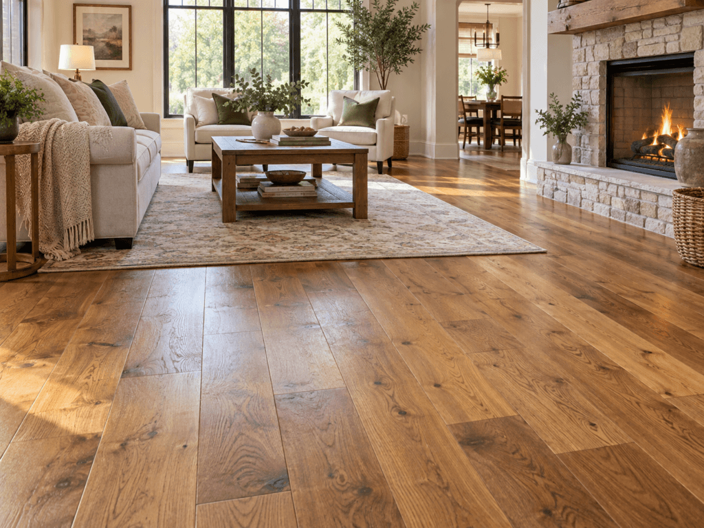 Living room with natural solid hardwood flooring showing warm wood grain and varied planks