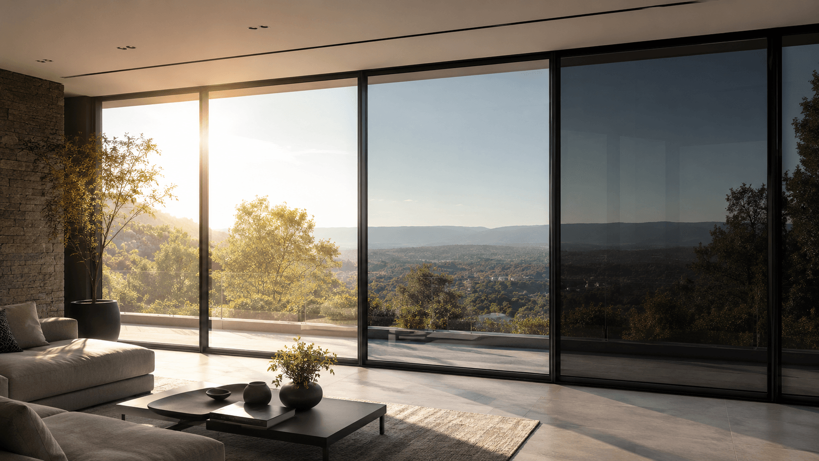 Modern home windows showing clear glass, solar-control window tint and smart glass for glare and heat control