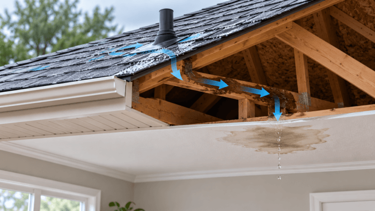Roof leak illustration showing water entering near a roof vent, traveling through attic framing and causing a ceiling stain inside the home