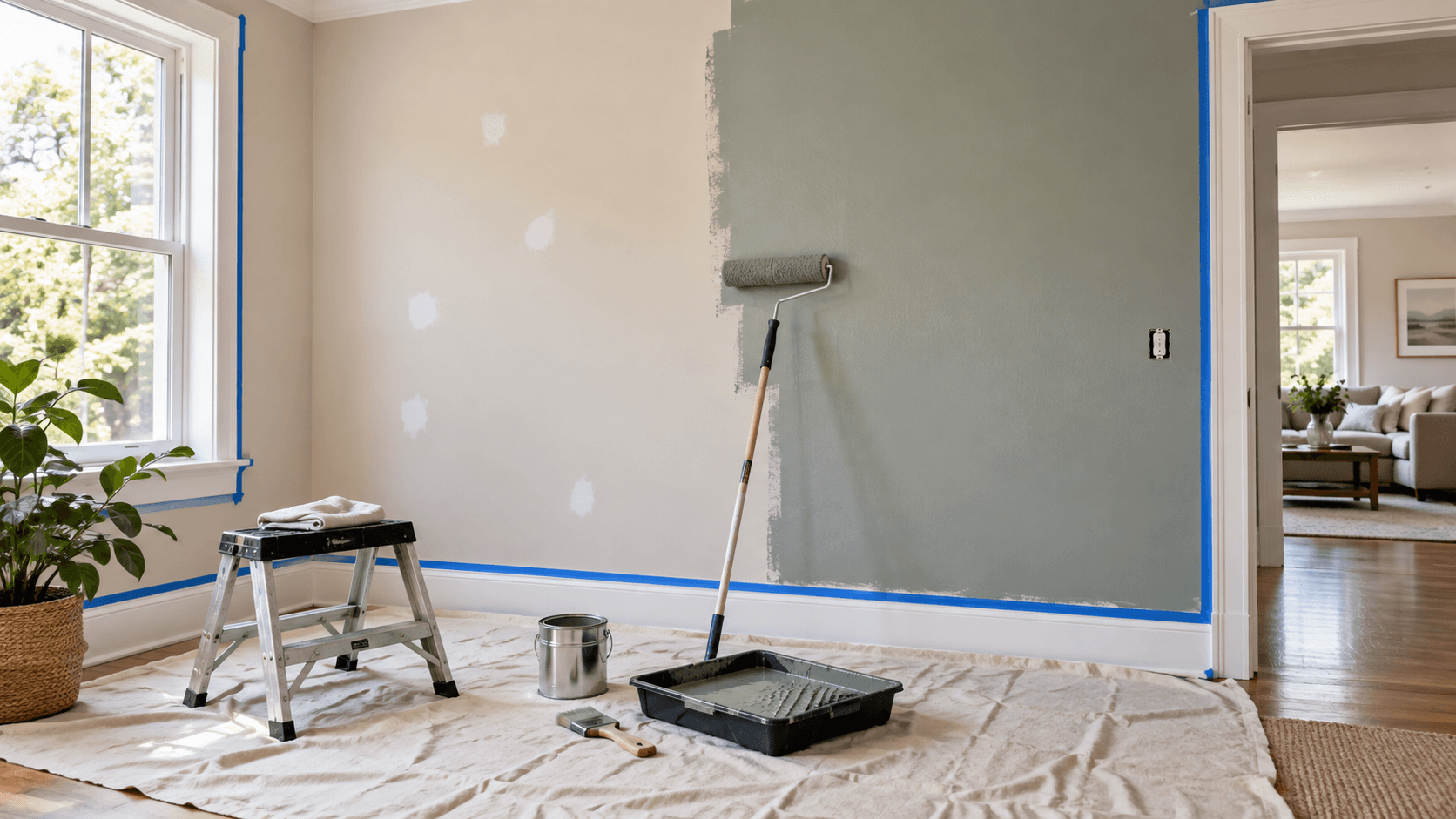 DIY room painting project with partially painted wall, roller, paint tray, painter’s tape and drop cloth