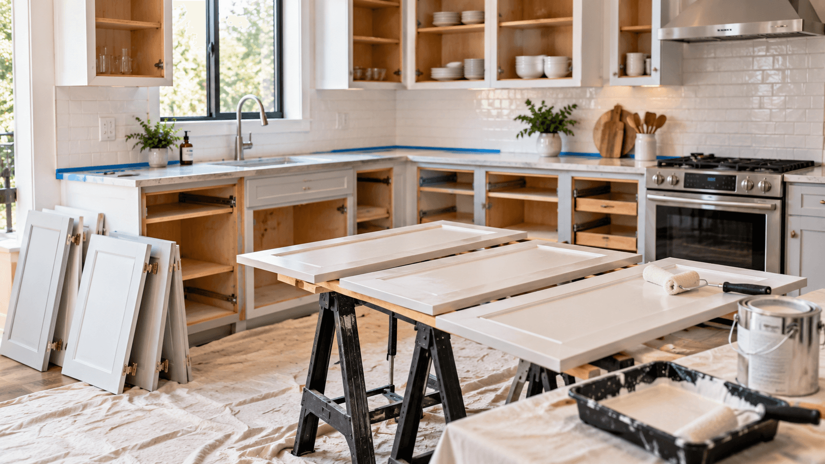 How to paint kitchen cabinets with doors removed, paint rollers and cabinets being refinished