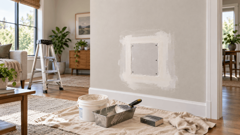 Drywall patch repair in progress on a living room wall with joint compound and repair tools