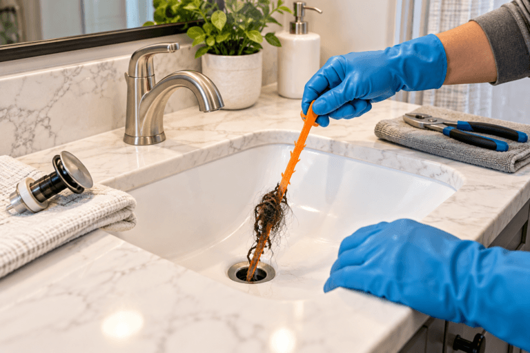 Removing hair from a clogged bathroom sink drain with a plastic drain cleaning tool