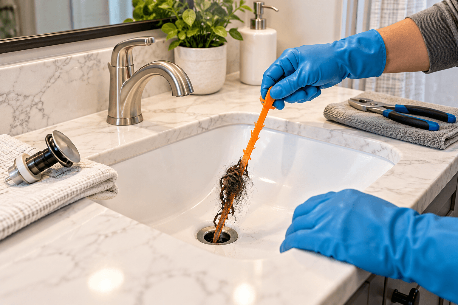 Removing hair from a clogged bathroom sink drain with a plastic drain cleaning tool