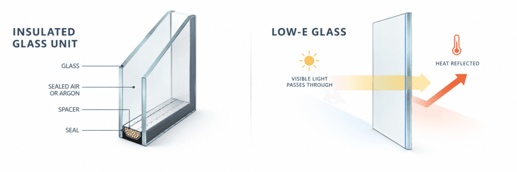 Comparison of standard insulated door glass and Low-E insulated glass showing reduced heat transfer through the coated glass unit