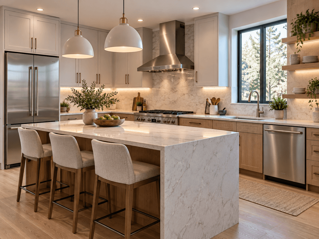 Modern kitchen showing appliances, pendant lighting, under-cabinet lighting and range hood ventilation