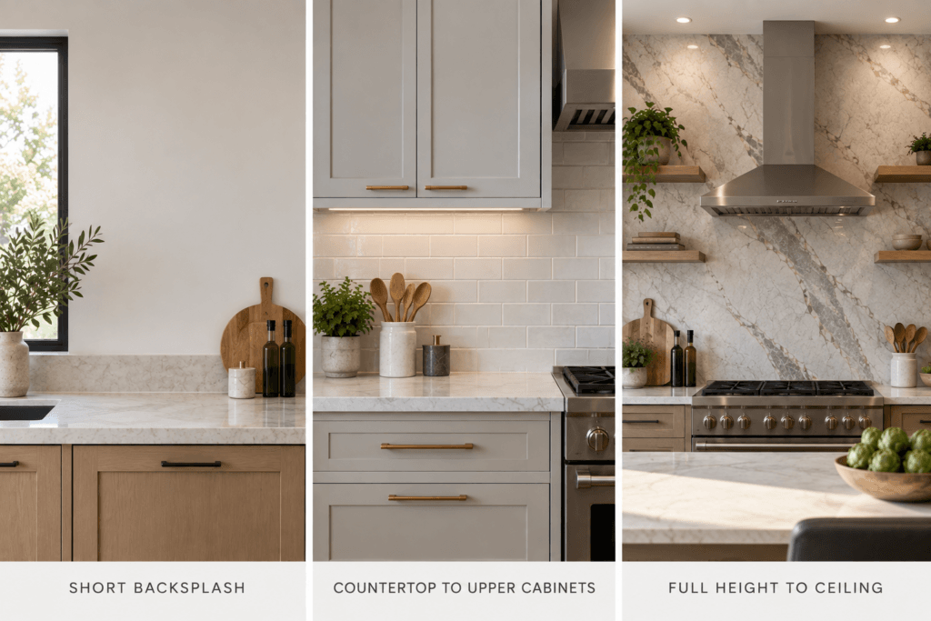 Comparison of short backsplash, countertop-to-cabinet backsplash and full-height kitchen backsplash