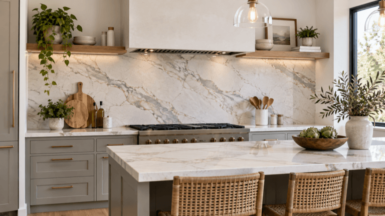 Modern kitchen with full-height veined stone backsplash, neutral cabinetry and island