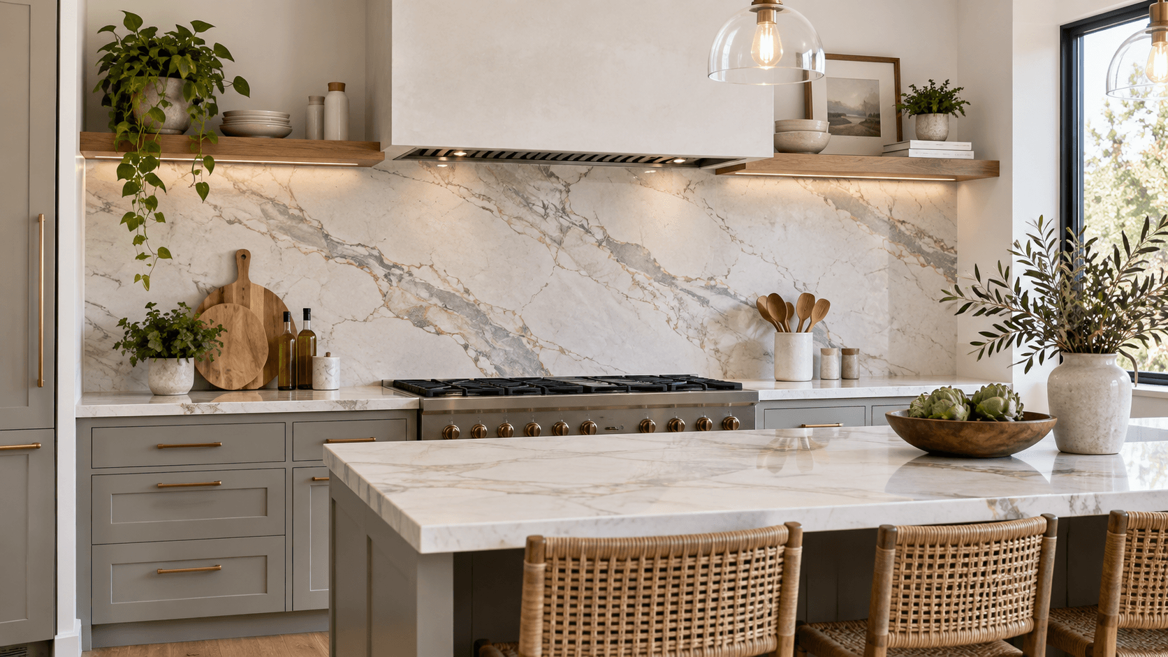 Modern kitchen with full-height veined stone backsplash, neutral cabinetry and island