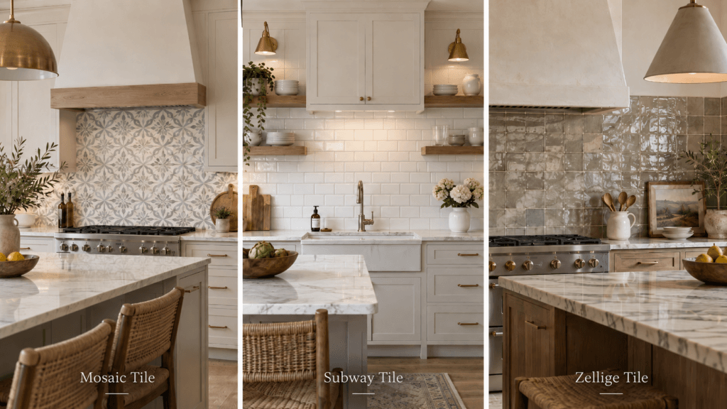 Comparison of ceramic tile, subway tile and zellige-style kitchen backsplashes in finished kitchens