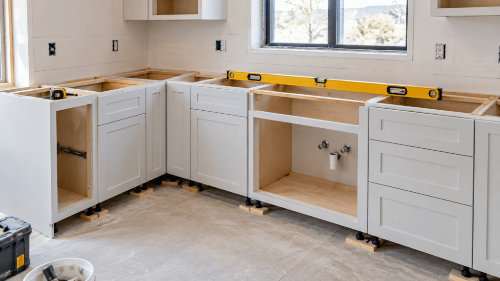 Kitchen base cabinets being installed and leveled with a spirit level, shims and exposed plumbing