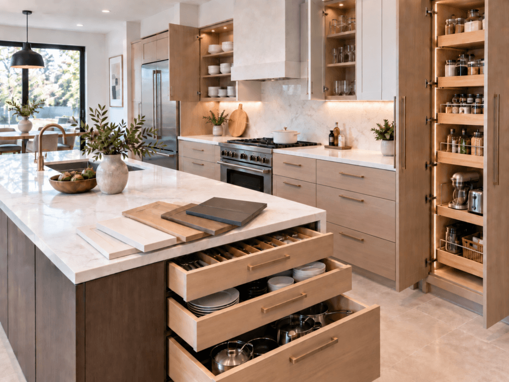 Modern kitchen cabinets with deep drawers, pantry storage and pull-out organization systems