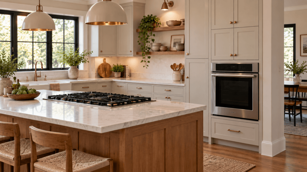 Modern kitchen with an island cooktop and separate built-in wall oven