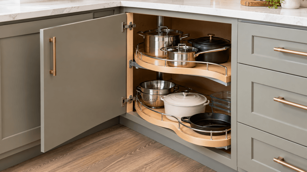Kitchen corner cabinet with pull-out storage shelves for pots, pans and cookware