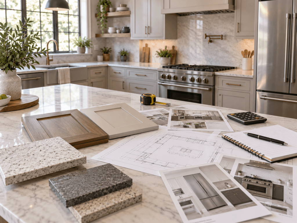 Kitchen remodeling budget planning with plans, cabinet samples, countertop materials and calculator