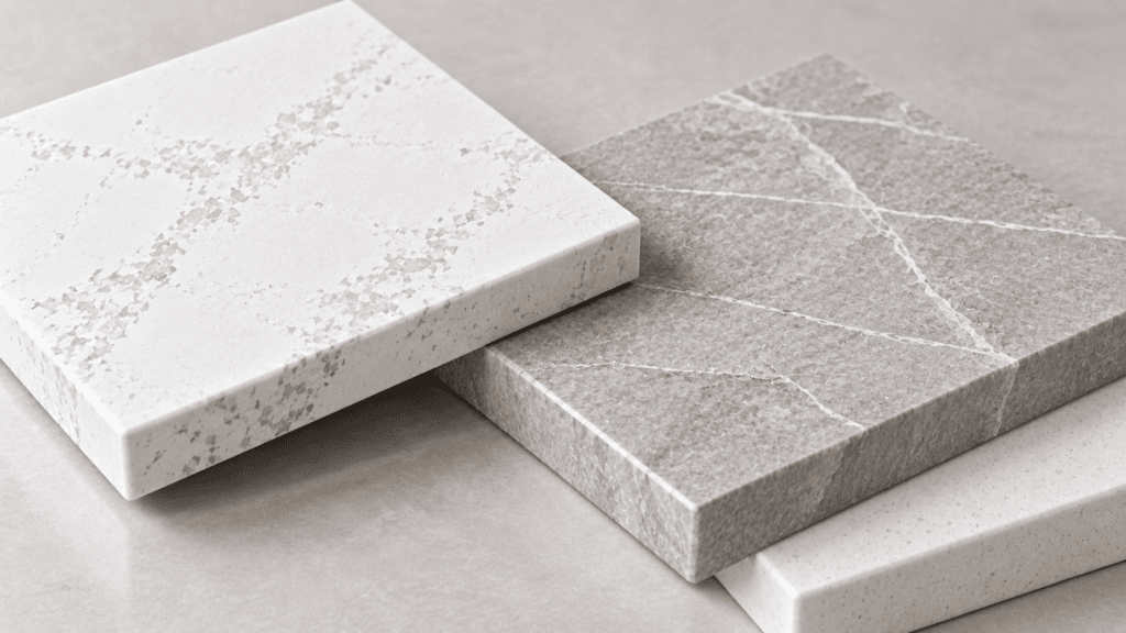 Manufactured countertop surface slabs stacked together, representing quartz and other engineered kitchen countertop materials