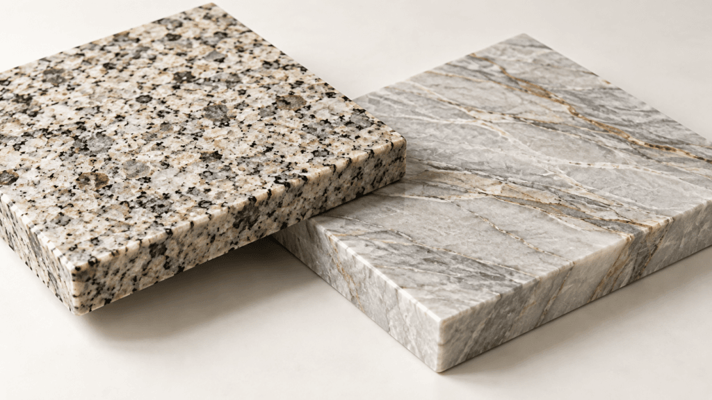 Natural stone countertop slabs including granite and quartzite stacked in a kitchen showroom style display