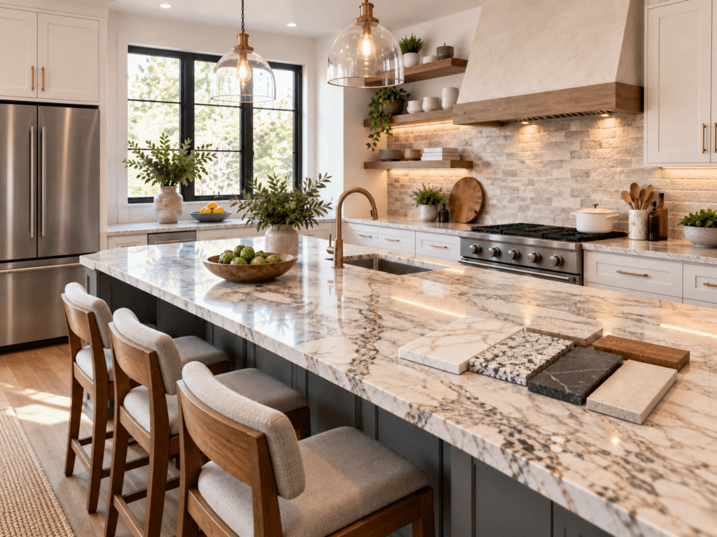 Modern kitchen with stone countertops, backsplash and material samples for countertop planning