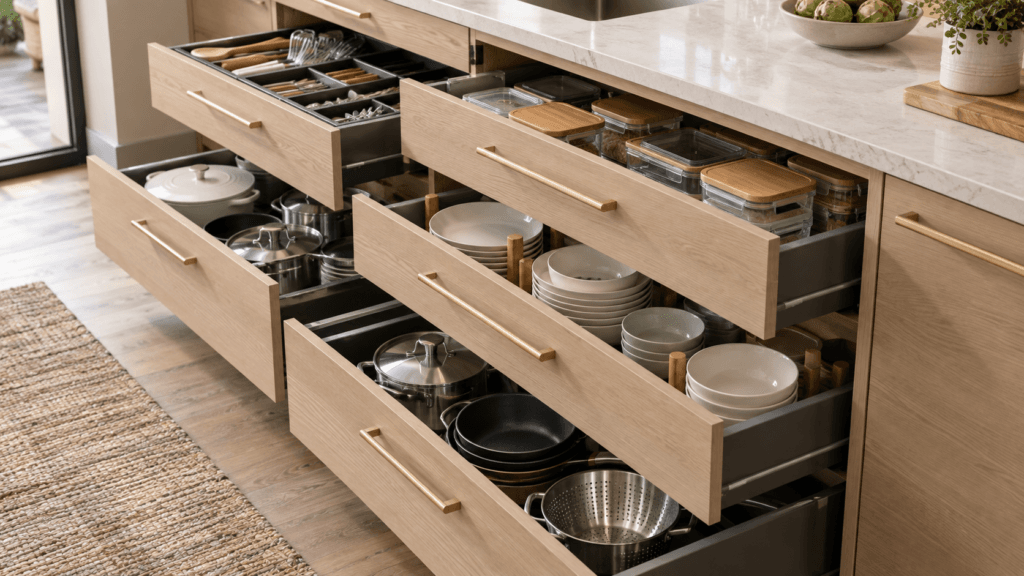 Deep kitchen drawers organizing cookware, dishes, utensils and food storage containers