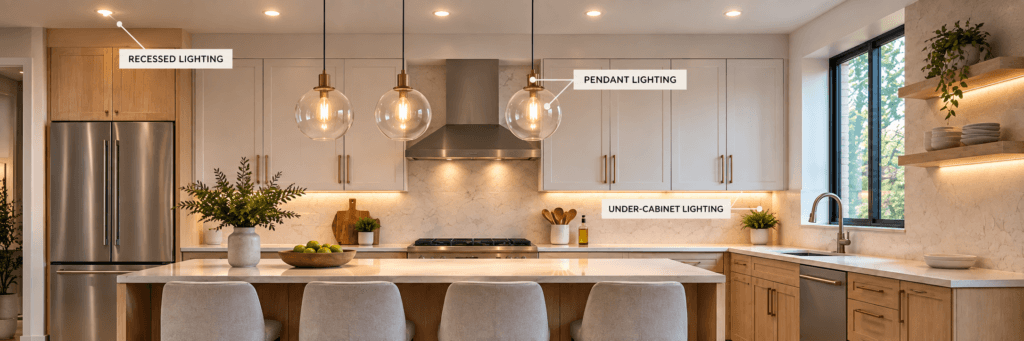 Modern kitchen showing recessed lighting, pendant lighting and under-cabinet lighting