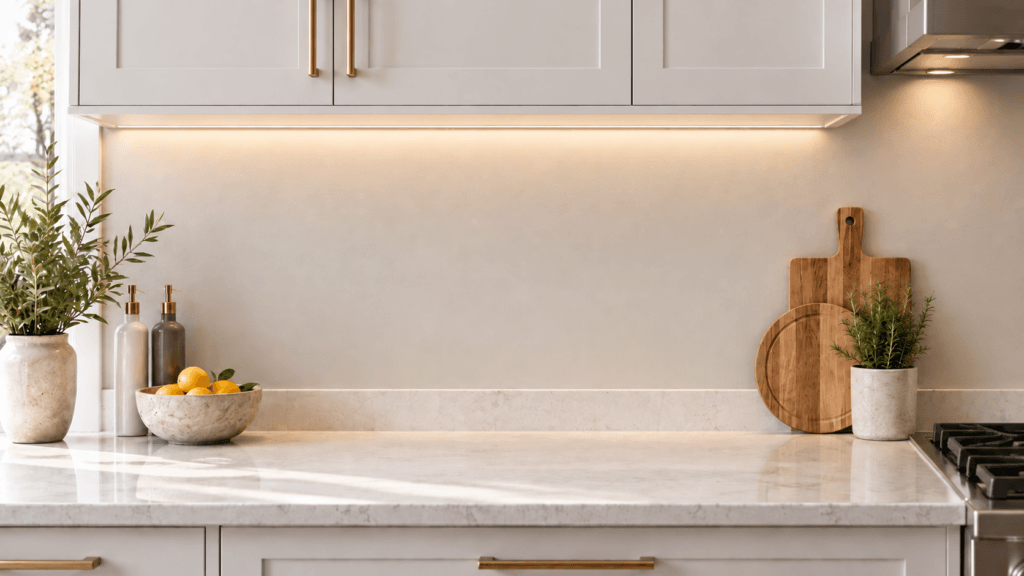 Kitchen with smooth painted wall backsplash above a stone countertop and under-cabinet lighting