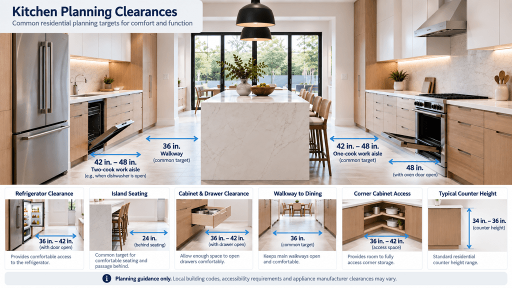 Kitchen planning clearances infographic showing common residential targets for walkways, work aisles, seating, appliance access and counter height