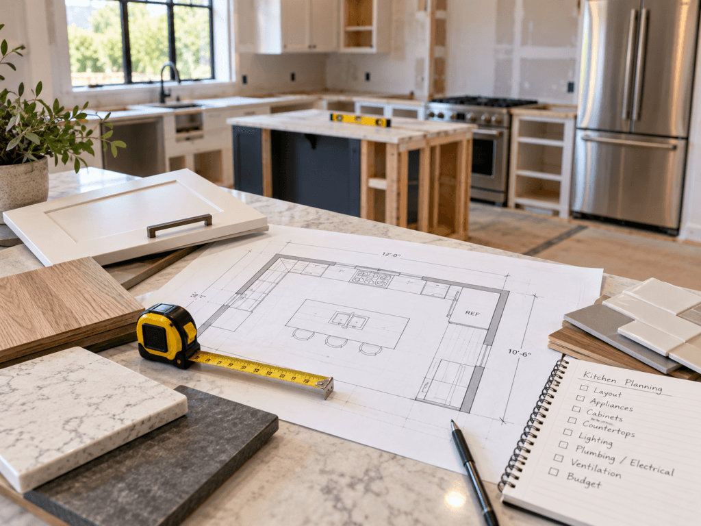 Kitchen remodeling plan with measurements, cabinet samples and material selections during layout planning
