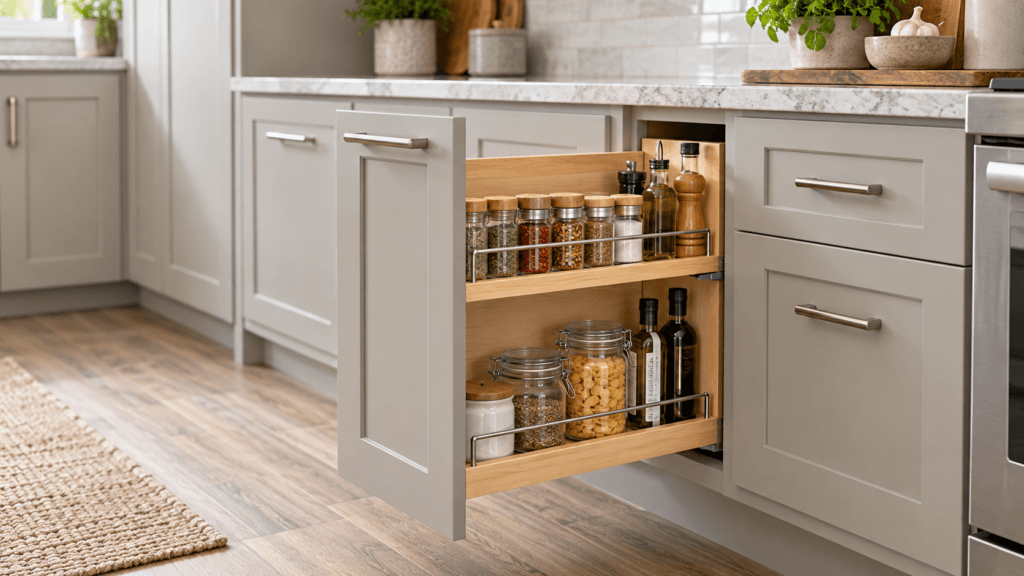 Kitchen base cabinet with pull-out shelves organizing spices, oils and pantry items
