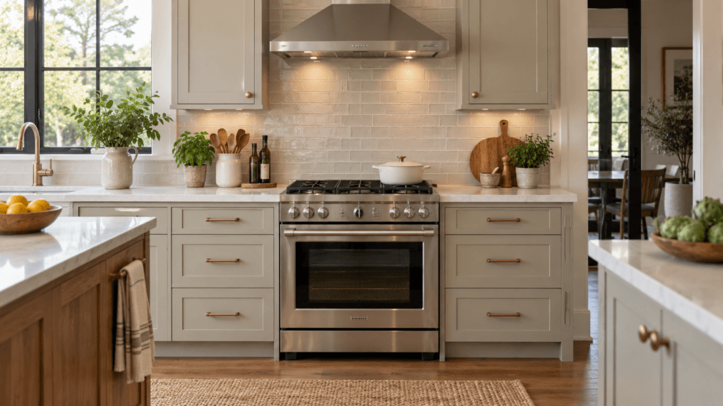 Modern kitchen with a freestanding range, oven and range hood centered between base cabinets