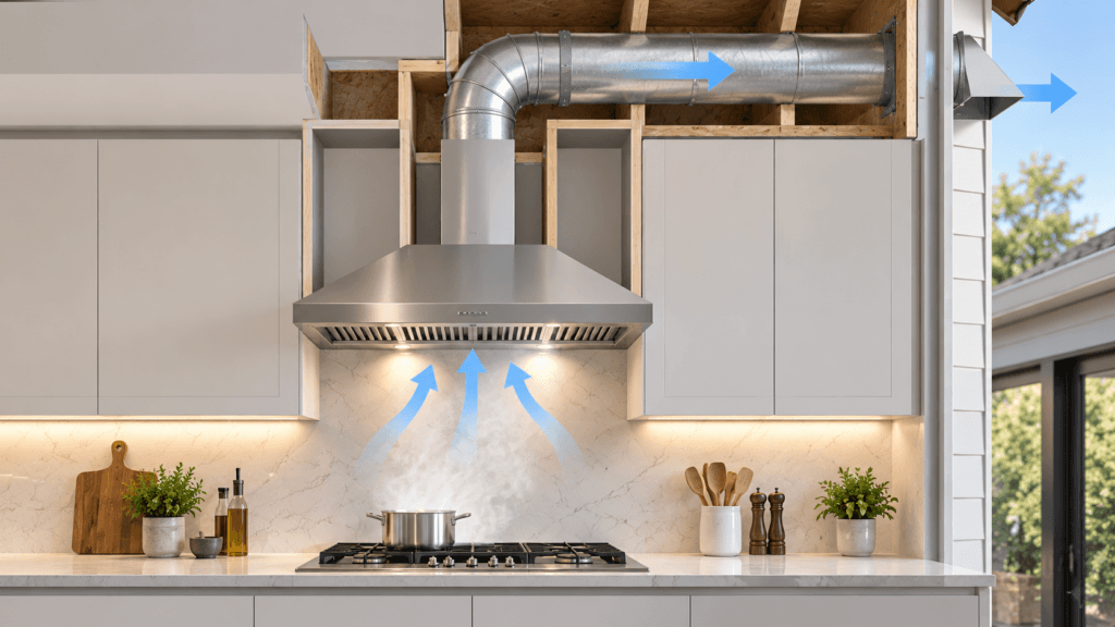 Kitchen range hood ventilation diagram showing cooking fumes captured by the hood and exhausted through ductwork to the exterior