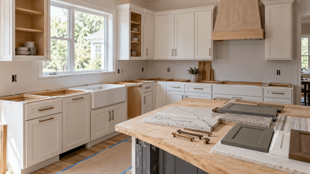 Kitchen remodel in progress with partially installed cabinets and countertop samples