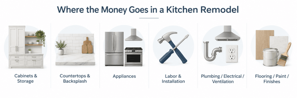 Kitchen remodel cost categories showing cabinets, countertops, appliances, labor, plumbing, electrical, ventilation and finishes