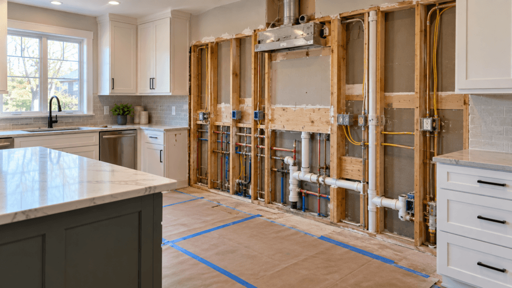 Kitchen remodel showing exposed plumbing and electrical after cabinet removal
