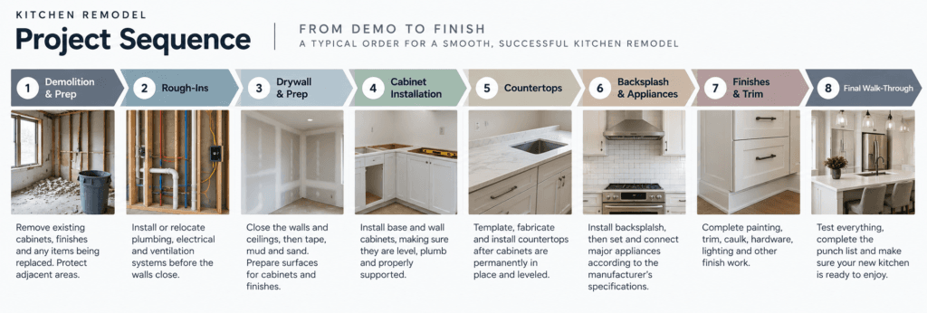 Kitchen remodel project sequence showing demolition, rough-ins, drywall, cabinet installation, countertops, backsplash, finishes and final walk-through