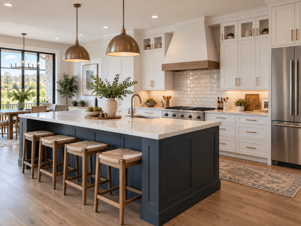 Modern kitchen with cabinets, countertops, appliances and island for kitchen remodeling planning