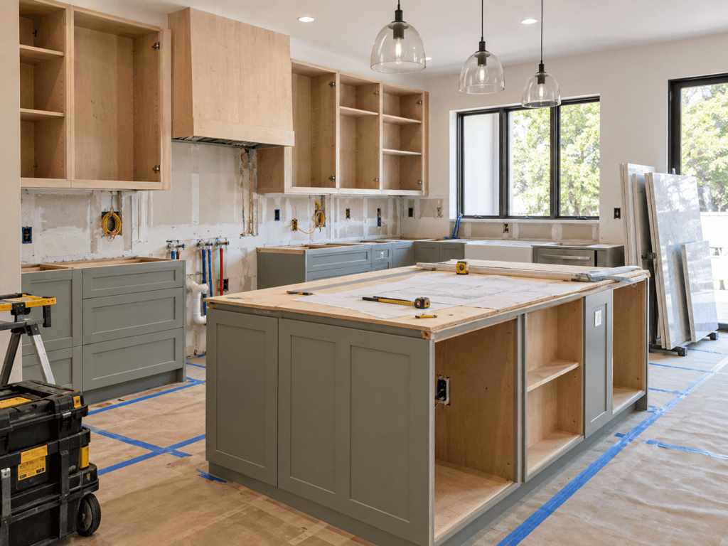 Kitchen remodel in progress with cabinet installation, protected flooring and coordinated construction work