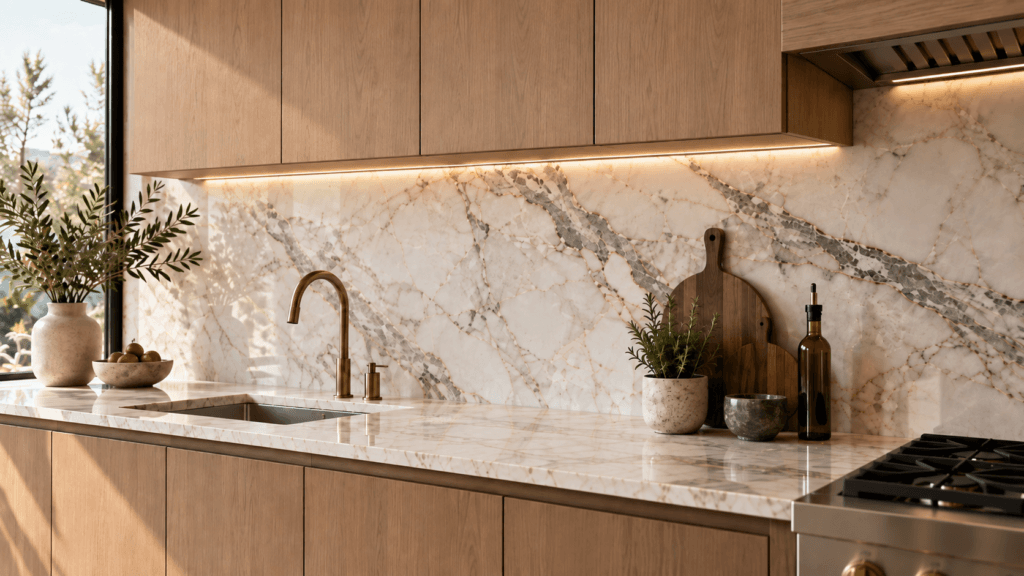 Modern kitchen with full-height veined stone slab backsplash and matching countertop