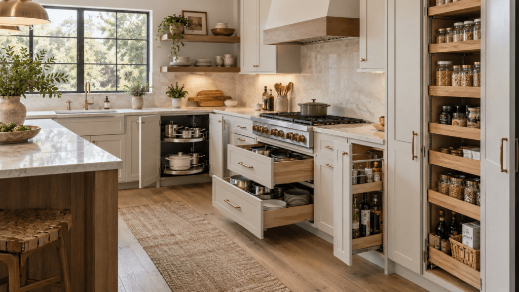 Modern kitchen with deep drawers, pull-out shelves, a corner pullout system and tall pantry storage