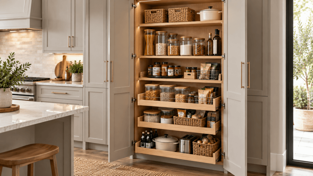 Tall kitchen pantry cabinet with organized shelves, pullouts and dry food storage
