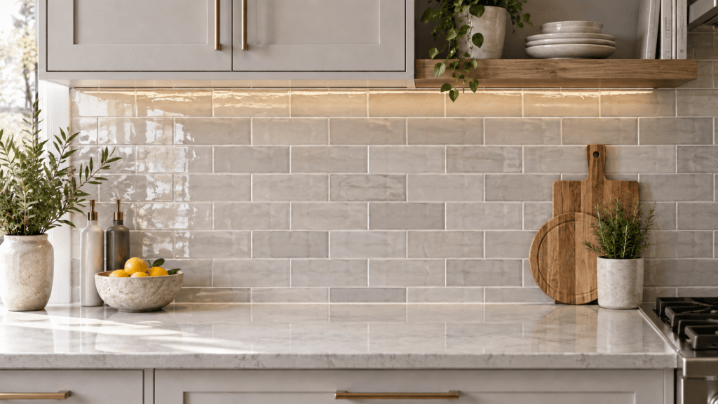 Kitchen with glossy neutral subway tile backsplash, quartz countertop and under-cabinet lighting