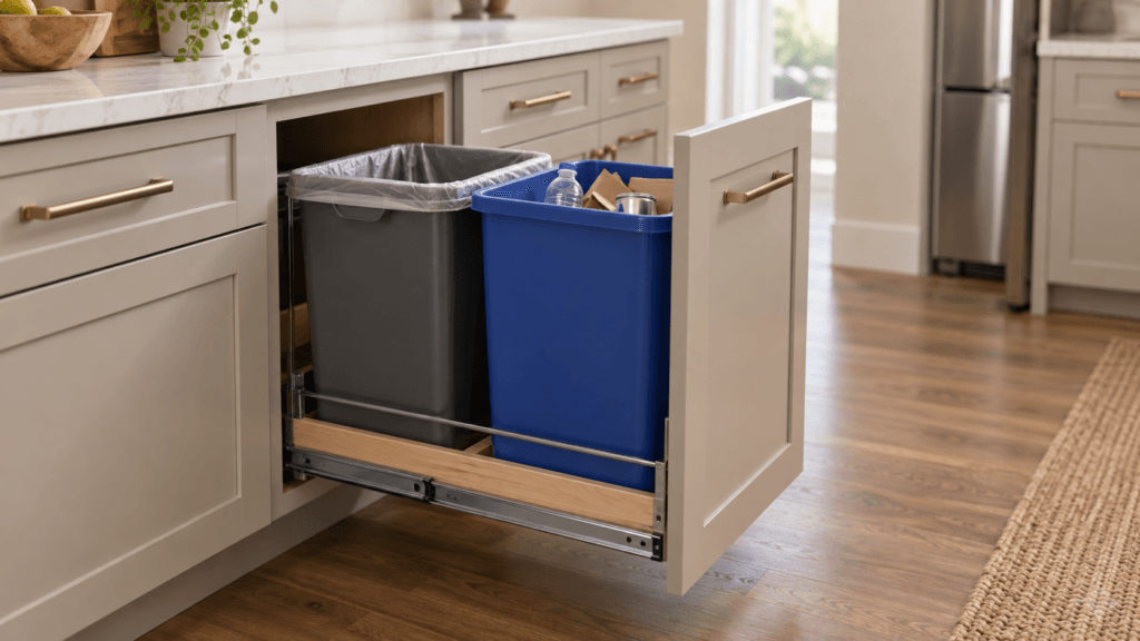 Kitchen cabinet pullout with separate built-in trash and recycling bins