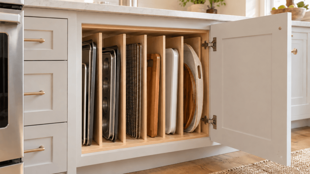 Kitchen base cabinet with vertical dividers organizing sheet pans, trays and cutting boards