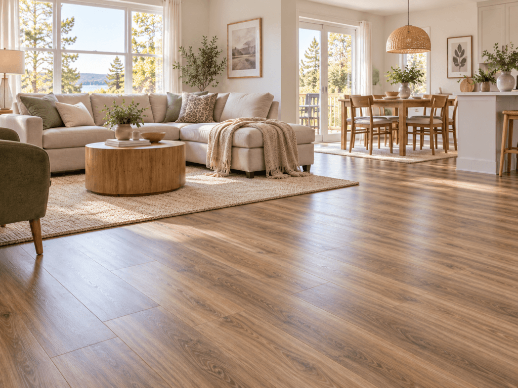 Bright living and dining space with wood-look laminate plank flooring